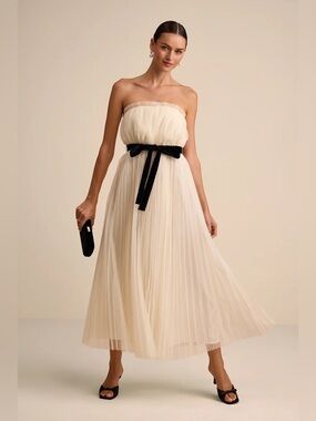 Lulu's Strapless Cream Pleated Midi Dress with Black Velvet Bow